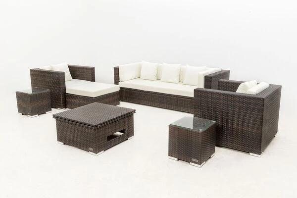 OUTFLEXX Loungemöbel-Set, Braun Marmoriert, Polyrattan, 6 Pers, Wasserfeste Kissenbox, Inkl. Loungetisch 12 OUTFLEXX Loungemöbel-Set, Braun Marmoriert, Polyrattan, 6 Pers, Wasserfeste Kissenbox, Inkl. Loungetisch – Bild 10