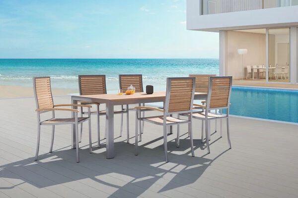 OUTFLEXX Set, Natur, Edelstahl/Teak, Esstisch 200 X 90 Cm, 6 Stapelstühle 3 OUTFLEXX Set, Natur, Edelstahl/Teak, Esstisch 200 X 90 Cm, 6 Stapelstühle