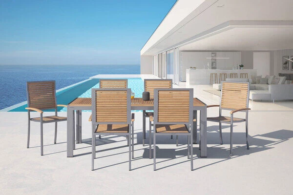 OUTFLEXX Set, Natur, Edelstahl/Teak, Esstisch 200 X 90 Cm, 6 Stapelstühle 4 OUTFLEXX Set, Natur, Edelstahl/Teak, Esstisch 200 X 90 Cm, 6 Stapelstühle – Bild 2