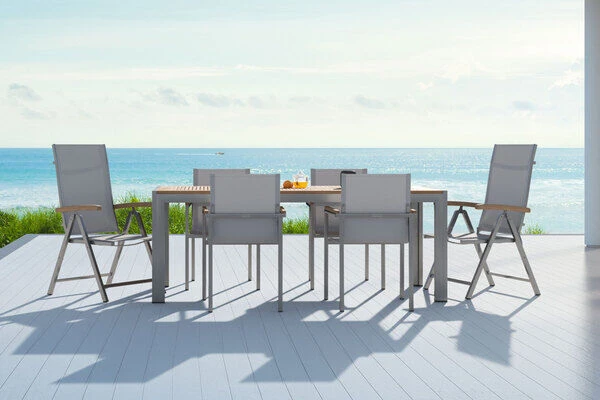 OUTFLEXX Set, Taupe, Edelstahl/Teak, Tisch 200 X 90 Cm, 4 Stapelstühle, 2 Multipositionssessel 4 OUTFLEXX Set, Taupe, Edelstahl/Teak, Tisch 200 X 90 Cm, 4 Stapelstühle, 2 Multipositionssessel – Bild 2