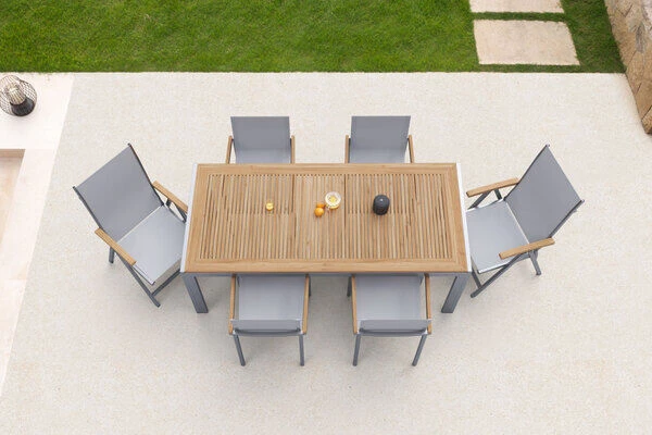 OUTFLEXX Set, Taupe, Edelstahl/Teak, Tisch 200 X 90 Cm, 4 Stapelstühle, 2 Multipositionssessel 5 OUTFLEXX Set, Taupe, Edelstahl/Teak, Tisch 200 X 90 Cm, 4 Stapelstühle, 2 Multipositionssessel – Bild 3