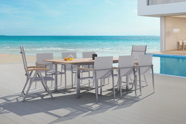 OUTFLEXX Set, Silber, 150 X 90 Cm, Edelstahl/Teak, Ausziehtisch, 6 Stühle, 2 Multipositionssessel 3 OUTFLEXX Set, Silber, 150 X 90 Cm, Edelstahl/Teak, Ausziehtisch, 6 Stühle, 2 Multipositionssessel