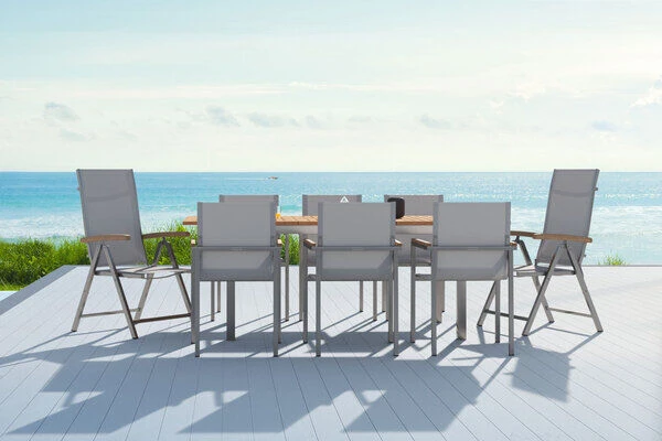 OUTFLEXX Set, Silber, 150 X 90 Cm, Edelstahl/Teak, Ausziehtisch, 6 Stühle, 2 Multipositionssessel 4 OUTFLEXX Set, Silber, 150 X 90 Cm, Edelstahl/Teak, Ausziehtisch, 6 Stühle, 2 Multipositionssessel – Bild 2