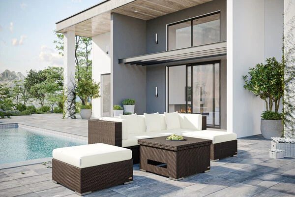 OUTFLEXX Loungemöbel-Set, Braun Marmoriert, 5 Pers, Polyrattan, Wasserfeste Kissenbox, Inkl. Loungetisch 3 OUTFLEXX Loungemöbel-Set, Braun Marmoriert, 5 Pers, Polyrattan, Wasserfeste Kissenbox, Inkl. Loungetisch