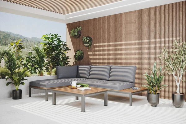 OUTFLEXX Loungemöbel, Silber/grau, Edelstahl/FSC-Teakholz/Textil, Für 4 Personen, Inkl. Kaffeetisch 3 OUTFLEXX Loungemöbel, Silber/grau, Edelstahl/FSC-Teakholz/Textil, Für 4 Personen, Inkl. Kaffeetisch