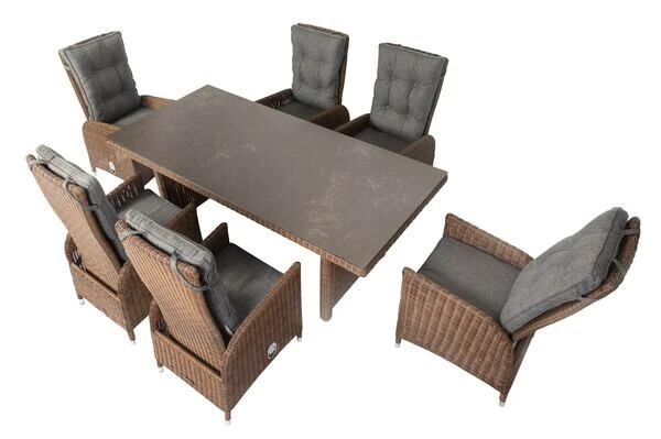 OUTFLEXX Dining Set, Hellbraun, Polyrattan, Tisch 220x100cm, Spraystone, 6mm, 6 Dining Sessel, Verstellbar 20 OUTFLEXX Dining Set, Hellbraun, Polyrattan, Tisch 220x100cm, Spraystone, 6mm, 6 Dining Sessel, Verstellbar – Bild 18