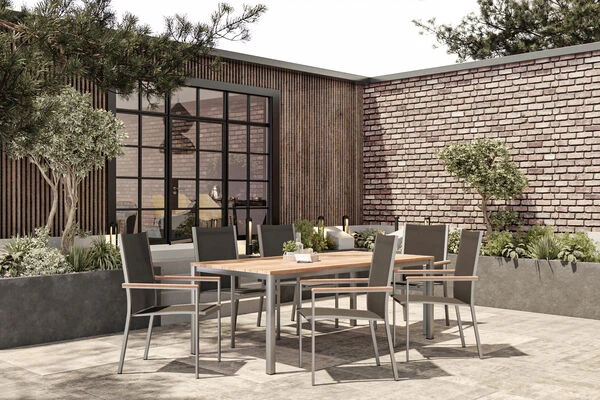 STERN Cardiff Esstischgruppe, Silber/taupe, Edelstahl/Teak, Tisch 200 X 100 Cm, 6 Stapelsessel 3 STERN Cardiff Esstischgruppe, Silber/taupe, Edelstahl/Teak, Tisch 200 X 100 Cm, 6 Stapelsessel