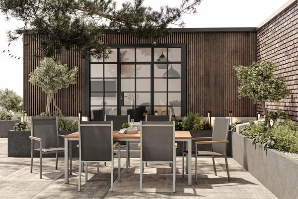 STERN Cardiff Esstischgruppe, Silber/taupe, Edelstahl/Teak, Tisch 200 X 100 Cm, 6 Stapelsessel 4 STERN Cardiff Esstischgruppe, Silber/taupe, Edelstahl/Teak, Tisch 200 X 100 Cm, 6 Stapelsessel – Bild 2