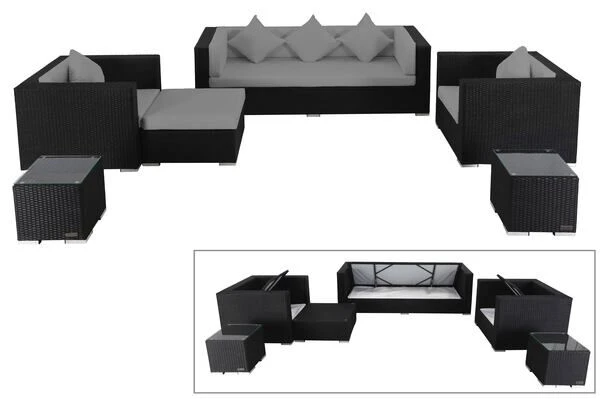 OUTFLEXX Loungemöbel-Set, Schwarz, Polyrattan, Für 6 Personen, Wasserfeste Kissenbox 3 OUTFLEXX Loungemöbel-Set, Schwarz, Polyrattan, Für 6 Personen, Wasserfeste Kissenbox