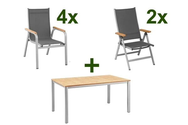Kettler Granada Sitzgruppe, Silber/anthrazit, Teaktisch 160x95cm, 4 Stapel-, 2 Multipos.-sessel, FSC-zert. 3 Kettler Granada Sitzgruppe, Silber/anthrazit, Teaktisch 160x95cm, 4 Stapel-, 2 Multipos.-sessel, FSC-zert.