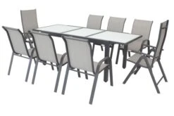 VILLANA Sitzgruppe, Anthrazit/grau, Alu/Textil, Tisch 160/220 Cm, 6 Stapelstühle, 2 Hochlehner