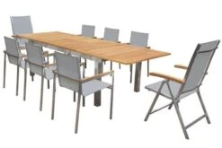 OUTFLEXX Set, Silber, 200/300 X 100 Cm, Edelstahl/Teak, Ausziehtisch, 6 Stapelstühle, 2 Multipositionssessel