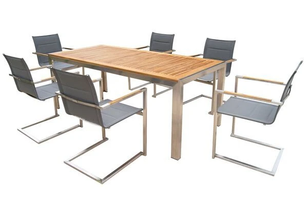 OUTFLEXX Sitzgruppe, Silber, Edelstahl/Teak, Esstisch 200 X 90 Cm, 6 Stapelstühle Gepolstert 3 OUTFLEXX Sitzgruppe, Silber, Edelstahl/Teak, Esstisch 200 X 90 Cm, 6 Stapelstühle Gepolstert