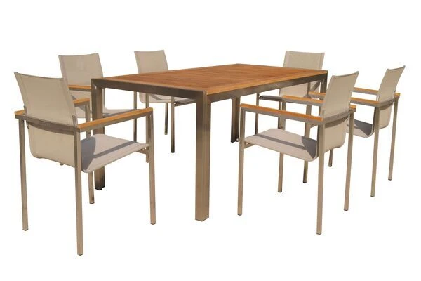 OUTFLEXX Set, Taupe, Edelstahl/Teak, Esstisch 200 X 90 Cm, 6 Stapelstühle 6 OUTFLEXX Set, Taupe, Edelstahl/Teak, Esstisch 200 X 90 Cm, 6 Stapelstühle – Bild 4