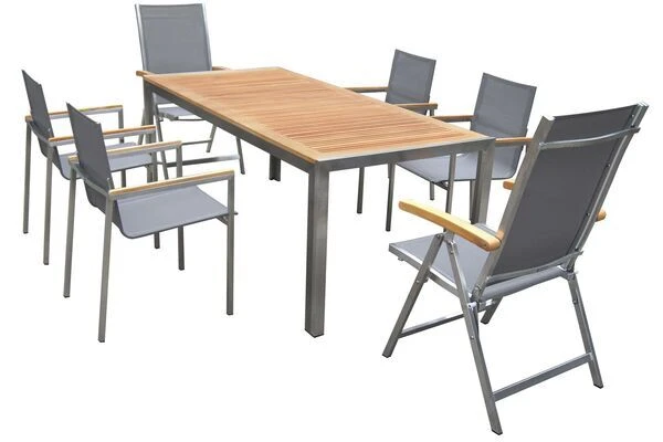 OUTFLEXX Set, Taupe, Edelstahl/Teak, Tisch 200 X 90 Cm, 4 Stapelstühle, 2 Multipositionssessel 6 OUTFLEXX Set, Taupe, Edelstahl/Teak, Tisch 200 X 90 Cm, 4 Stapelstühle, 2 Multipositionssessel – Bild 4