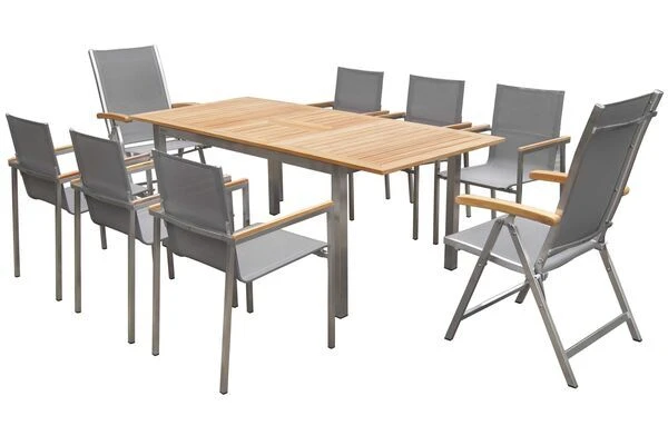 OUTFLEXX Set, Silber, 150 X 90 Cm, Edelstahl/Teak, Ausziehtisch, 6 Stühle, 2 Multipositionssessel 6 OUTFLEXX Set, Silber, 150 X 90 Cm, Edelstahl/Teak, Ausziehtisch, 6 Stühle, 2 Multipositionssessel – Bild 4