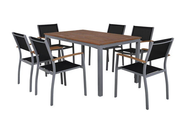 VILLANA Esstischgarnitur, Silber/schwarz, Alu / FSC-Akazienholz, Gartentisch 150 X 90 Cm, 6 Stapelsessel 3 VILLANA Esstischgarnitur, Silber/schwarz, Alu / FSC-Akazienholz, Gartentisch 150 X 90 Cm, 6 Stapelsessel