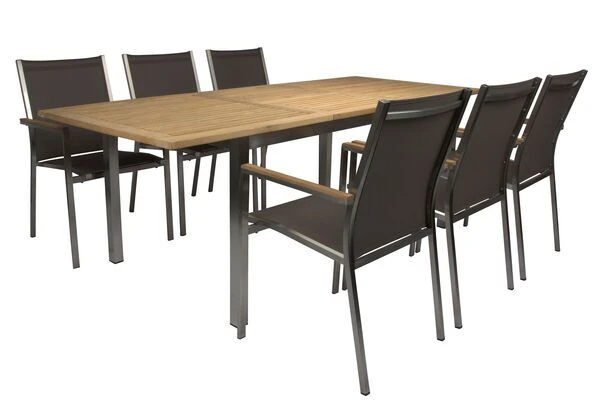 STERN Cardiff Esstischgarnitur, Taupe/grau, Edelstahl/Textil, 162/220 X 90 Cm, 6 Pers., FSC-Teakholz 3 STERN Cardiff Esstischgarnitur, Taupe/grau, Edelstahl/Textil, 162/220 X 90 Cm, 6 Pers., FSC-Teakholz