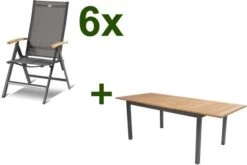 HARTMAN Aruba Esstischgruppe, Xerix/natur, Alu/FSC-Teak, 6 Hochlehner, 150/210x90cm