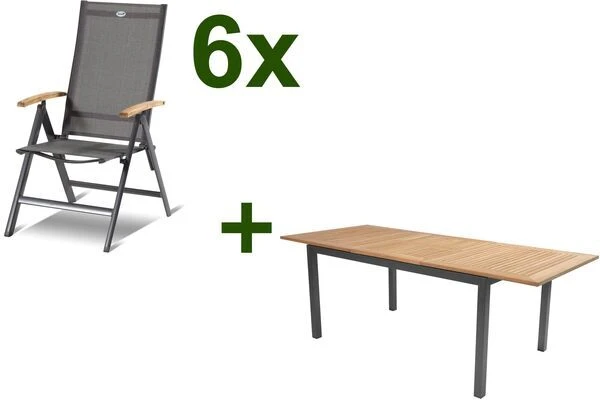 HARTMAN Aruba Esstischgruppe, Xerix/natur, Alu/FSC-Teak, 6 Hochlehner, 150/210x90cm 3 HARTMAN Aruba Esstischgruppe, Xerix/natur, Alu/FSC-Teak, 6 Hochlehner, 150/210x90cm