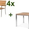OUTFLEXX Esstischgarnitur, Silber, Edelstahl / FSC-Teakholz, Tisch 90 X 90 Cm, 4 Stapelsessel