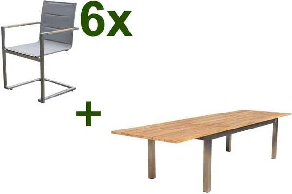 OUTFLEXX Esstischgruppe, Edelstahl/FSC-Teak, 220/340 X 100 Cm, 6 Freischwinger, Taupe, Tischplattedicke 3cm 3 OUTFLEXX Esstischgruppe, Edelstahl/FSC-Teak, 220/340 X 100 Cm, 6 Freischwinger, Taupe, Tischplattedicke 3cm