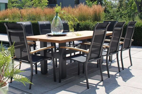 HARTMAN Sondermodell Yasmani/Alice Esstischgruppe, Xerix, Alu/Teakholz, 4x4 Textilen, 240x100cm, 8 Stapelsessel 3 HARTMAN Sondermodell Yasmani/Alice Esstischgruppe, Xerix, Alu/Teakholz, 4x4 Textilen, 240x100cm, 8 Stapelsessel