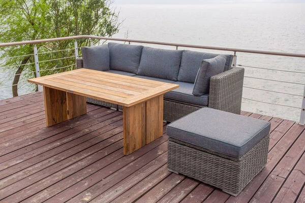 OUTFLEXX Loungegarnitur, Polyrattan/Teakholz, Tisch 160x90cm, Für 4 Personen, Wasserfeste Kissenbox 3 OUTFLEXX Loungegarnitur, Polyrattan/Teakholz, Tisch 160x90cm, Für 4 Personen, Wasserfeste Kissenbox