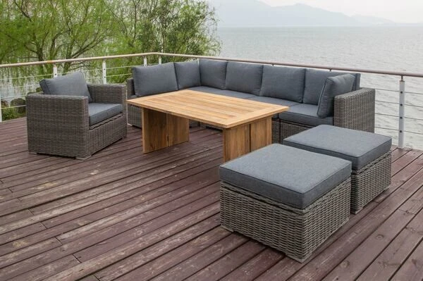 OUTFLEXX Loungegarnitur, Polyrattan/Teakholz, Tisch 160x90cm, Für 8 Personen, Wasserfeste Kissenbox 3 OUTFLEXX Loungegarnitur, Polyrattan/Teakholz, Tisch 160x90cm, Für 8 Personen, Wasserfeste Kissenbox