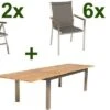 STERN Cardiff Esstischgruppe, Silber/taupe, Edelstahl/FSC-Teak, Tisch 220/340 X 100 Cm, 6 Stapel-, 2 Multipositionssessel