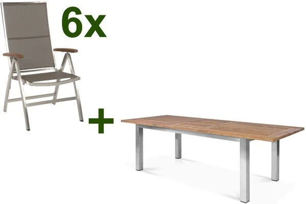 STERN Cardiff Esstischgruppe, Silber/taupe, Edelstahl/Teak, Tisch 200/260 X 100 Cm, 6 Multipositionssessel 3 STERN Cardiff Esstischgruppe, Silber/taupe, Edelstahl/Teak, Tisch 200/260 X 100 Cm, 6 Multipositionssessel