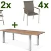STERN Cardiff Esstischgruppe, Silber/taupe, Edelstahl/Teak, Tisch 200/260 X 100 Cm, 4 Stapel-, 2 Multipositionssessel