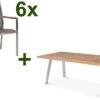 STERN Cardiff Esstischgruppe, Silber/silbergrau, Edelstahl/Teak, Tisch A-Gestell 220 X 100 Cm, 6 Stapelsessel