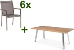 STERN Cardiff Esstischgruppe, Silber/silbergrau, Edelstahl/Teak, Tisch A-Gestell 220 X 100 Cm, 6 Stapelsessel