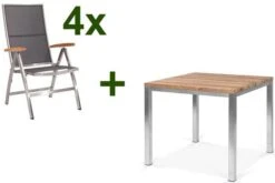 STERN Cardiff Esstischgruppe, Silber/silbergrau, Edelstahl/Teak, Tisch 90 X 90 Cm, 4 Multipositionssessel