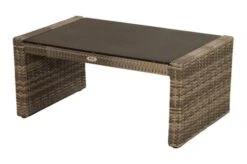 Ploß Rabida Couchtisch, Champagner-meliert, Polyrattan, 97x60x44 Cm, Glasplatte In Steinoptik