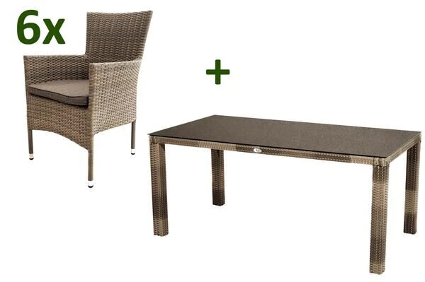 Ploß Rabida Sitzgruppe, Champagner-meliert, Polyrattan, Tisch 170x90 Cm, 6 Stapelsessel, Glasplatte In Steinoptik 3 Ploß Rabida Sitzgruppe, Champagner-meliert, Polyrattan, Tisch 170x90 Cm, 6 Stapelsessel, Glasplatte In Steinoptik