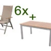 DOPPLER Expert Esstischgarnitur, Silber/Holzoptik/beige, Alu/Textilene, 6x Multipositionssessel, 150-210x90 Cm