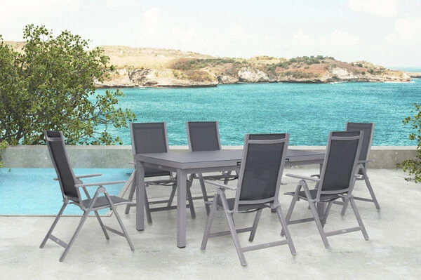 OUTFLEXX Premium Esstischgarnitur, Silber/grau, Alu/Textilene, Ausziehtisch 180/240 X 100 Cm, 6 Multipositionssessel 3 OUTFLEXX Premium Esstischgarnitur, Silber/grau, Alu/Textilene, Ausziehtisch 180/240 X 100 Cm, 6 Multipositionssessel