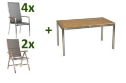 STERN Cardiff Esstischgarnitur, Silber/silbergrau, Edelstahl/Textilen/FSC-Teakholz, 162/220 X 90 Cm, 4 Stapel-, 2 Multipos, Butterfly-Auszug