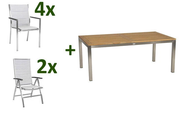 STERN Cardiff Esstischgarnitur, Silber, Edelstahl/Textilen/FSC-Teak/Alu, 162/220 X 90 Cm, Butterfly-Auszug, 4 Stapel-, 2 Multipo 3 STERN Cardiff Esstischgarnitur, Silber, Edelstahl/Textilen/FSC-Teak/Alu, 162/220 X 90 Cm, Butterfly-Auszug, 4 Stapel-, 2 Multipo