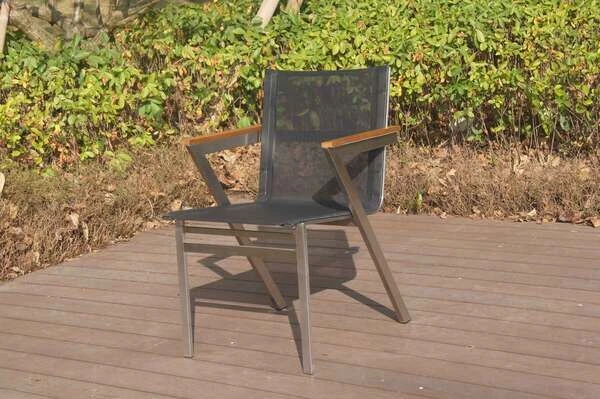 OUTFLEXX Stapelsessel, Schwarz, FSC-Teak / Edelstahl / Textilene, 60x56x85 Cm, Modernes Design 4 OUTFLEXX Stapelsessel, Schwarz, FSC-Teak / Edelstahl / Textilene, 60x56x85 Cm, Modernes Design – Bild 2