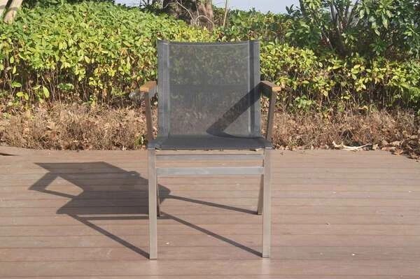 OUTFLEXX Stapelsessel, Schwarz, FSC-Teak / Edelstahl / Textilene, 60x56x85 Cm, Modernes Design 9 OUTFLEXX Stapelsessel, Schwarz, FSC-Teak / Edelstahl / Textilene, 60x56x85 Cm, Modernes Design – Bild 7