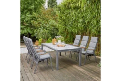 SIENA GARDEN Savona/Kingston Esstischgarnitur, Matt Graphit/grau/wood Look, Alu/Teak/Keramik/Texfabric, Tisch 220/340x108 Cm, 6 Stapelsessel