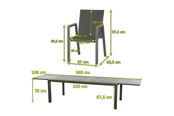 SIENA GARDEN Gomera II/Kingston Esstischgarnitur, Matt Graphit/grau/wood Look, Alu/Teak/Keramik/Texfabric, Tisch 220/340x108 Cm, 10 Stapelsessel 7 SIENA GARDEN Gomera II/Kingston Esstischgarnitur, Matt Graphit/grau/wood Look, Alu/Teak/Keramik/Texfabric, Tisch 220/340x108 Cm, 10 Stapelsessel – Bild 5