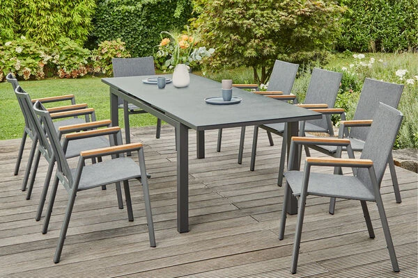 SIENA GARDEN Gomera II/Miros Esstischgarnitur, Matt Graphit/grau, Alu/Teak/Spraystone/Texfabric, Tisch 180/240x90 Cm, 8 Stapelsessel 3 SIENA GARDEN Gomera II/Miros Esstischgarnitur, Matt Graphit/grau, Alu/Teak/Spraystone/Texfabric, Tisch 180/240x90 Cm, 8 Stapelsessel