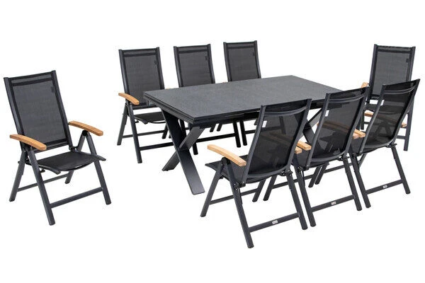 OUTFLEXX Esstischgarnitur, OUTFLEXX® Anthrazit Matt, Alu / Spraystone / Teak, Tisch 180/280x100cm, 8 Multipositionssessel 4 OUTFLEXX Esstischgarnitur, OUTFLEXX® Anthrazit Matt, Alu / Spraystone / Teak, Tisch 180/280x100cm, 8 Multipositionssessel – Bild 2