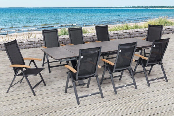OUTFLEXX Esstischgarnitur, OUTFLEXX® Anthrazit Matt, Alu /HPL / Teak, Tisch 180/280x100cm, 8 Multipositionssessel 3 OUTFLEXX Esstischgarnitur, OUTFLEXX® Anthrazit Matt, Alu /HPL / Teak, Tisch 180/280x100cm, 8 Multipositionssessel