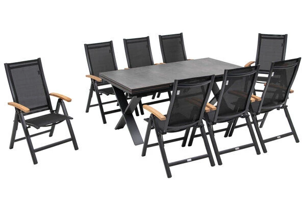 OUTFLEXX Esstischgarnitur, OUTFLEXX® Anthrazit Matt, Alu /HPL / Teak, Tisch 180/280x100cm, 8 Multipositionssessel 4 OUTFLEXX Esstischgarnitur, OUTFLEXX® Anthrazit Matt, Alu /HPL / Teak, Tisch 180/280x100cm, 8 Multipositionssessel – Bild 2