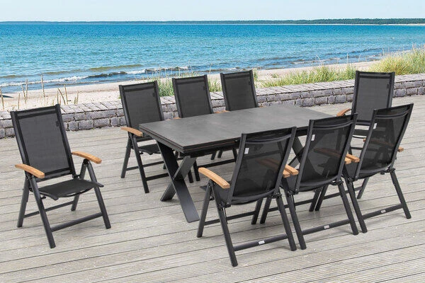 OUTFLEXX Esstischgarnitur, OUTFLEXX® Anthrazit Matt, Alu /HPL / Teak, Tisch 180/280x100cm, 8 Multipositionssessel 8 OUTFLEXX Esstischgarnitur, OUTFLEXX® Anthrazit Matt, Alu /HPL / Teak, Tisch 180/280x100cm, 8 Multipositionssessel – Bild 6